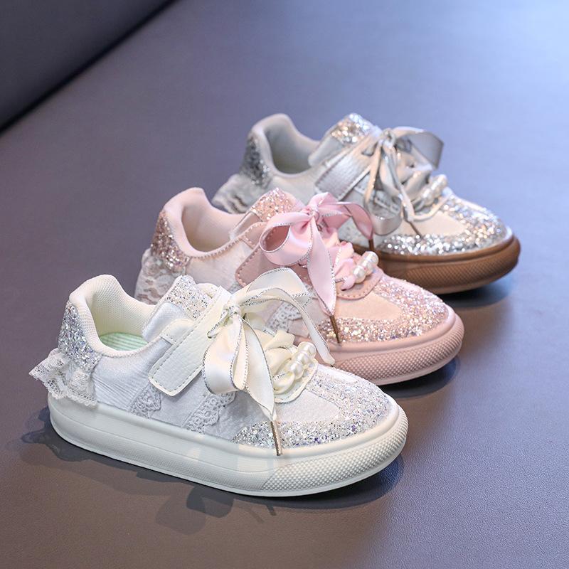 Girls' Crystal Sequin Casual Shoes2026New Spring and Autumn Non-Slip Soft Sole White Shoes for Children and Older Kids Sports Shoes