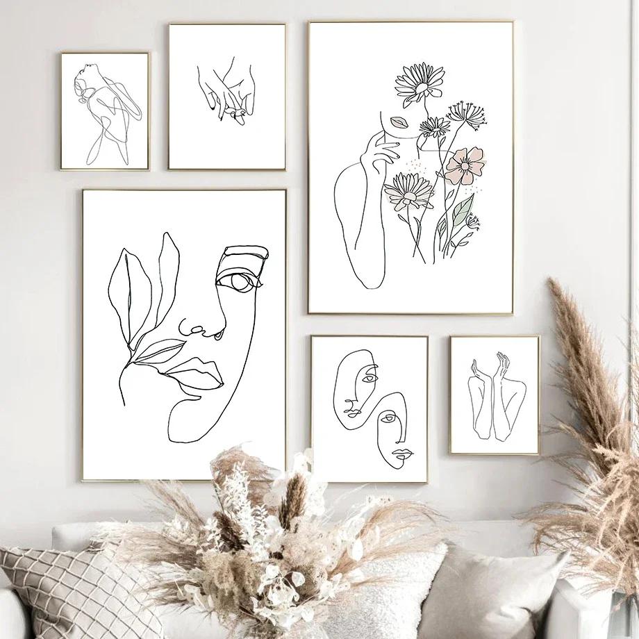 Абстрактные линии лица женщины минималистская настенная живопись холст скандинавские постеры и принты настенные картины для гостиной домашний декор