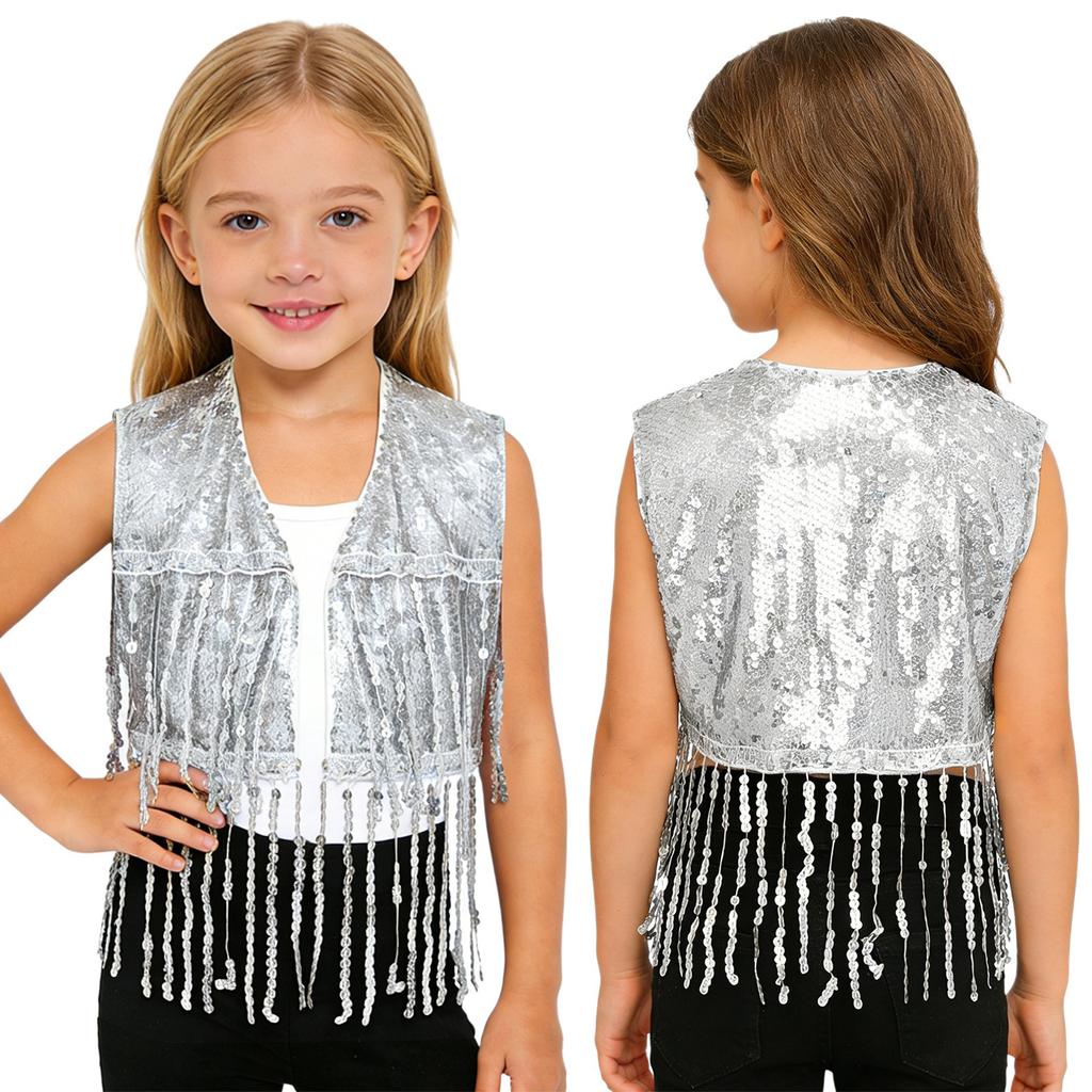 Sparkly Sequin Fringe Vest for Girls: Sleeveless Open Front Crop Top Waistcoat with Tassels, Perfect for Dance Recital & Show