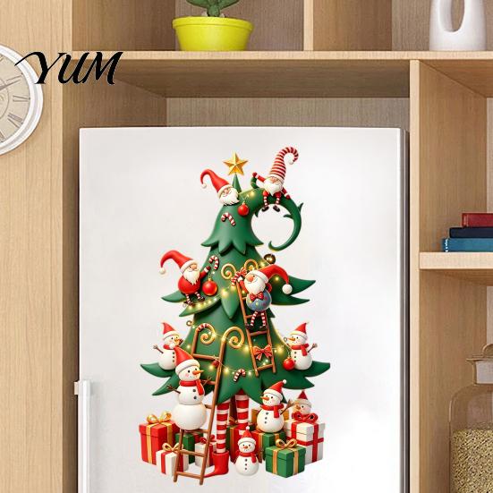 Easy Apply Christmas Window Film Tree Stickers with Gnome And Snowman, Removable Glass Stickers, PVC Durable Holiday Art Waterproof Wall Decor