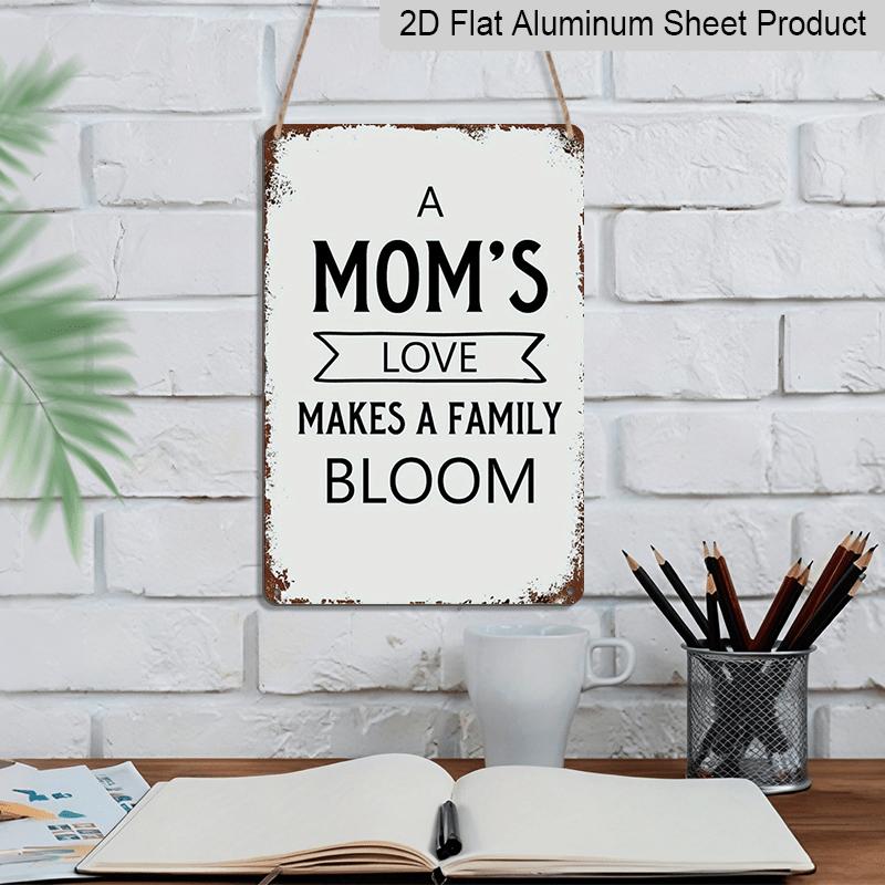 2D Flat 1pc Vintage "Mom's Love Makes A Family Bloom" Metal Wall Plaque - Rustic Aluminium Family Tree Sign with White & Brown Distressed, 8x12 Inch