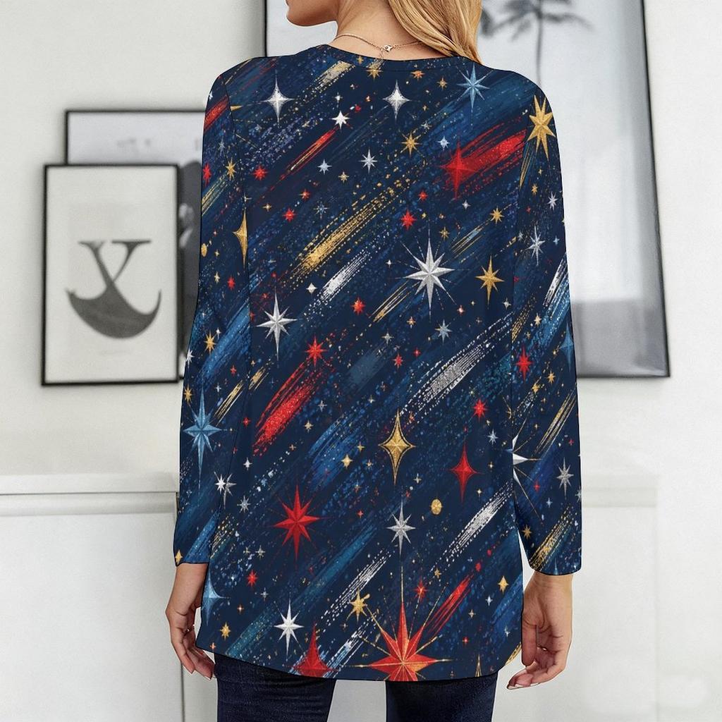 Women Plus Size Round Neck Long Sleeve Printed White Loose Longline T Shirt With Pockets