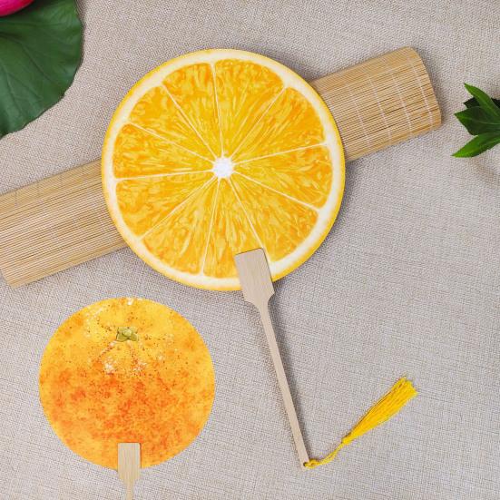 Fruit Print Fan with Wooden Long Handle Portable Lightweight Outdoor Travel Camping Picnic Summer Handheld Round Paper Fan