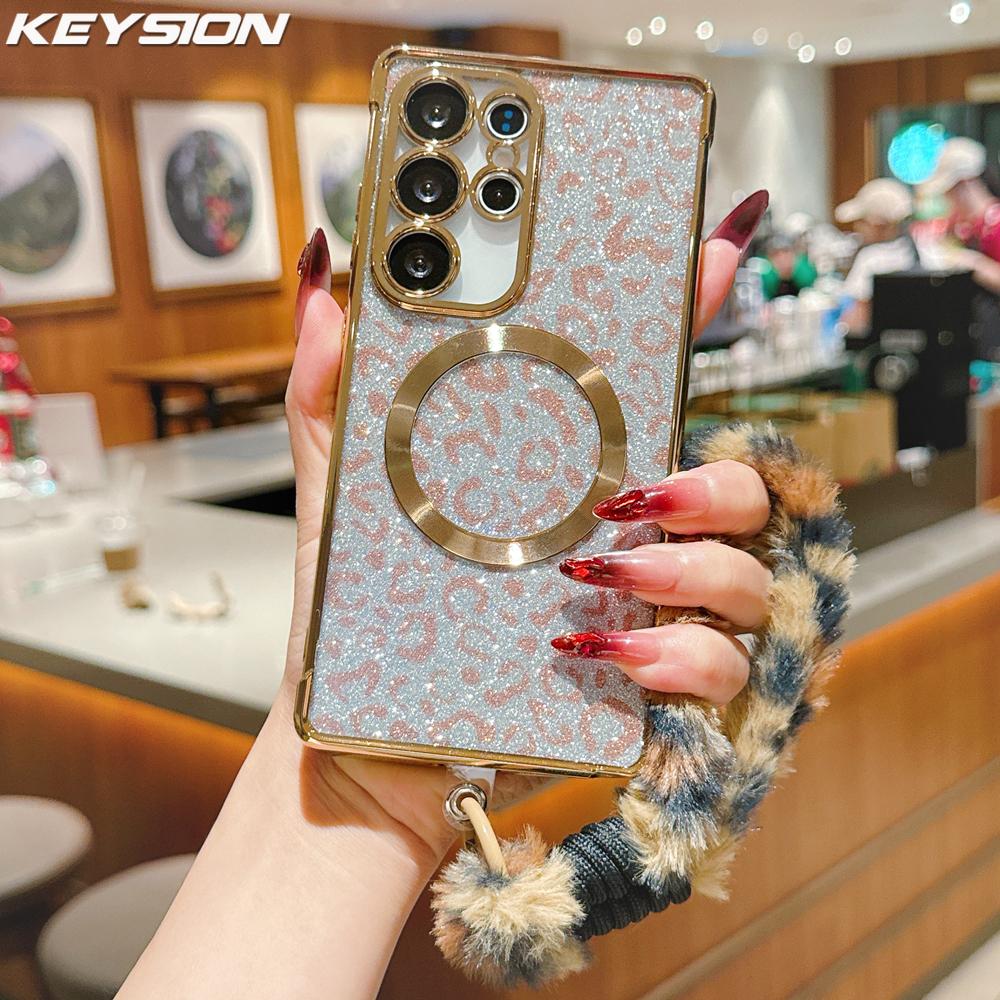 KEYSION Магнитный чехол для телефона с леопардовым принтом и блестками для Samsung Galaxy S21 S22 S23 S24 S25 S26 Ultra S26+ S25 FE с плюшевым шнурком, противоударный чехол