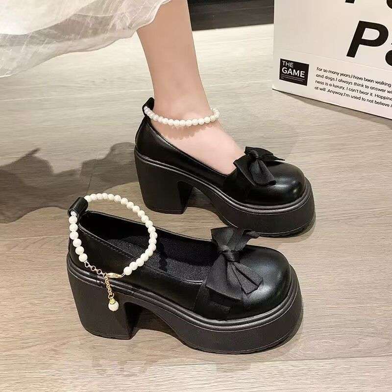 Mary Jane Shoes Women's Spring 2025 New Fashion High Heel Bow Platform Heel Pearl with Skirt Small Leather Shoes