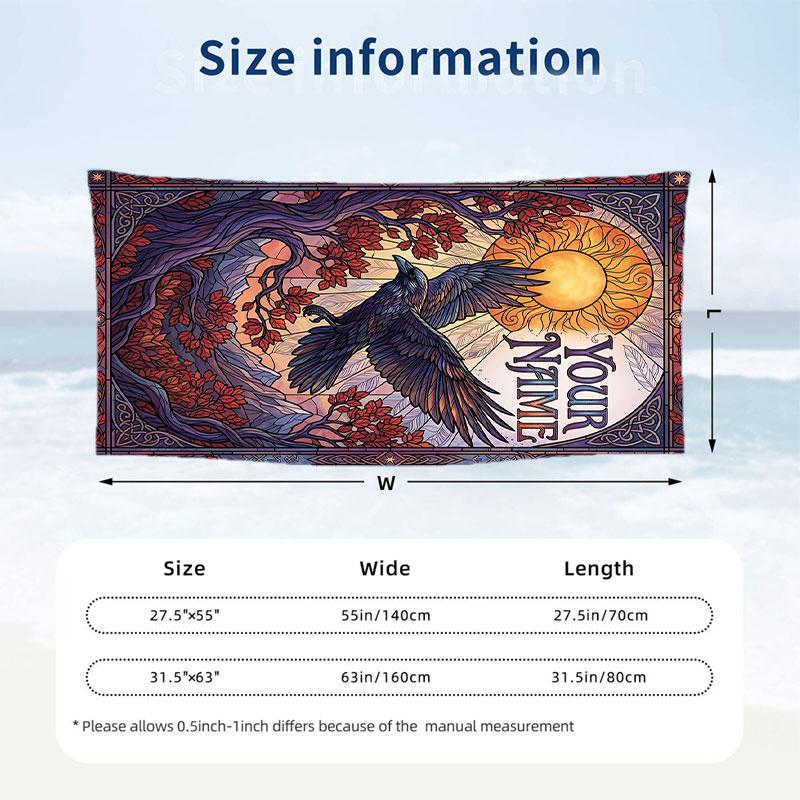Raven Autumnal Landscape Theme Quick Dry Beach Towel Custom Name Text Print Large Sand Resistant Towel Beach Vacation