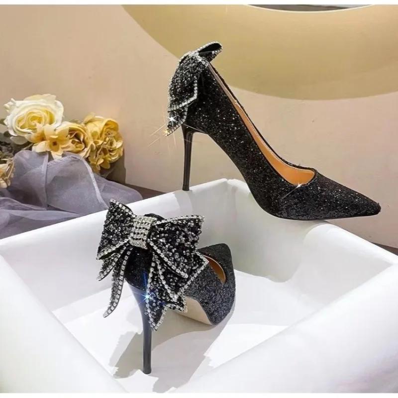 Женские пикантные туфли на высоком каблуке с французскими кристаллами и бриллиантами, свадебные туфли для взрослых, подарок на день рождения, свадебные туфли с бабочкой, модные черные женские туфли