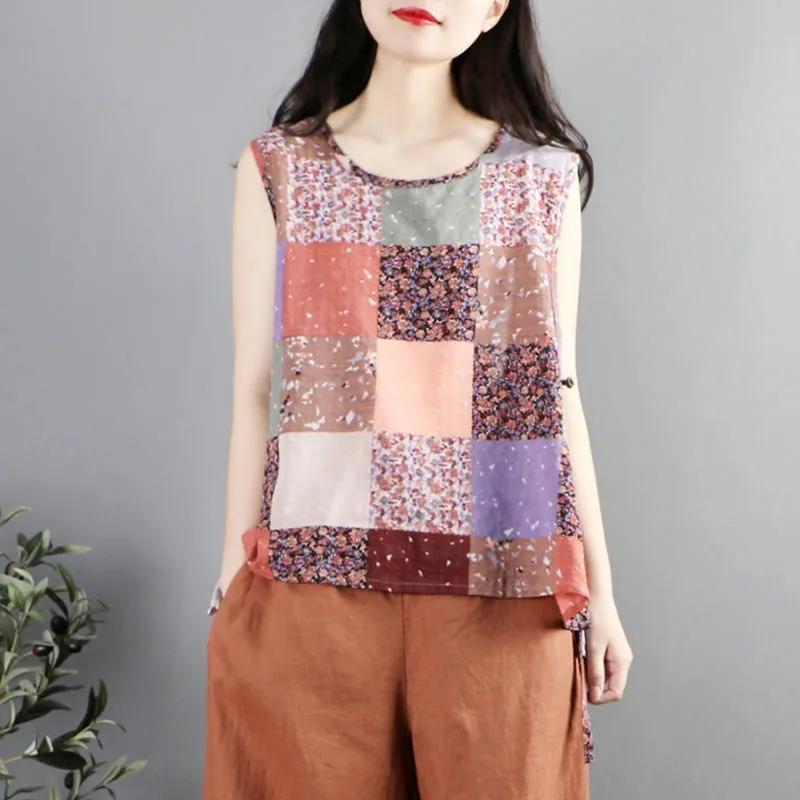 Женский жилет в этническом стиле из хлопка и льна в стиле ретро с литературным мотивом, топ без рукавов с цветочным принтом в китайском стиле на пуговицах