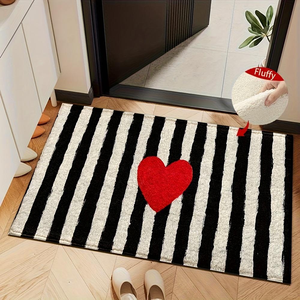 Black White Stripe Red Heart Fluffy Flannel Floor Mat, Modern Love Design Anti-Slip Absorbent Rug for Living Room & Entryway,