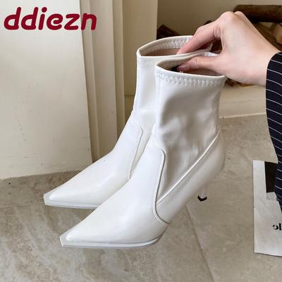 Модные молнии Модная обувь на тонком каблуке Женские эластичные ботильоны до щиколотки Остроносые Женские короткие современные ботинки Женские туфли-лодочки