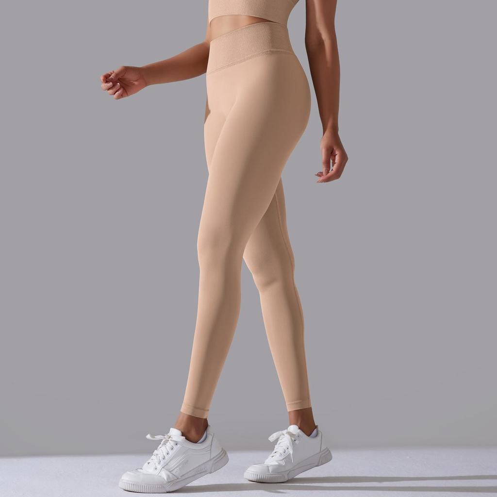 Бесшовные вязаные однотонные брюки для йоги с высокой талией, облегающие, с персиковыми бедрами, спортивные штаны для бега и фитнеса