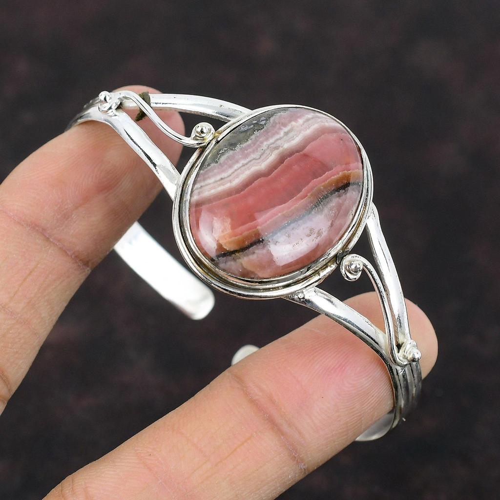 Rhodochrosite Cuff Bracelet Real Gemstone Bangle 925 Sterling Silver Cuff Bracelet Handmade Jewelry Adjustable Bangle For Gift Women Jewelry