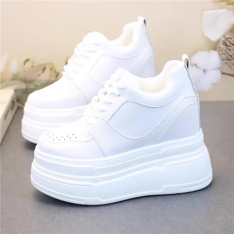 Мода 12 см Коровья Натуральная Кожа Туфли на Платформе и Танкетке Осенние Лодочки Женские Ботильоны Весенние Массивные Кроссовки Кроссовки с Высоким Верхом Летние