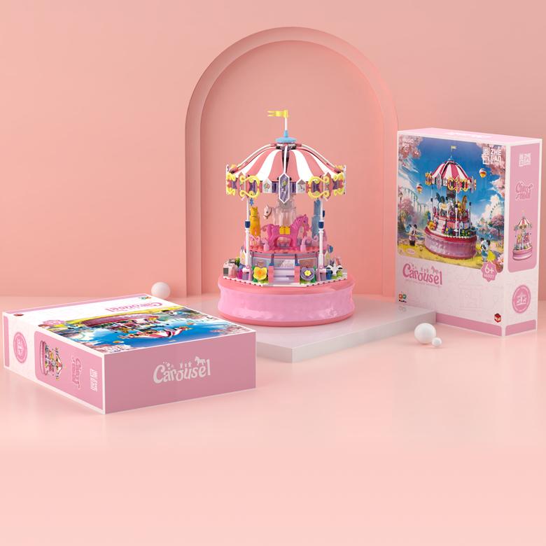 Amusement Electric Park Merry-go-round Carousel Mini LED Blocks Bricks Music Box Lighting Building Girl Toy Panda Cub Model Gift