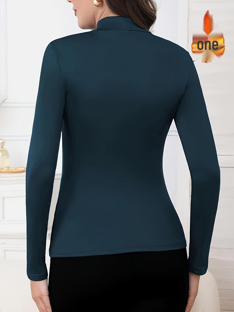 Женский базовый слой с флисовой подкладкой и круглым вырезом, облегающего кроя - Однотонный, с длинным рукавом, уютное осенне-зимнее нижнее белье