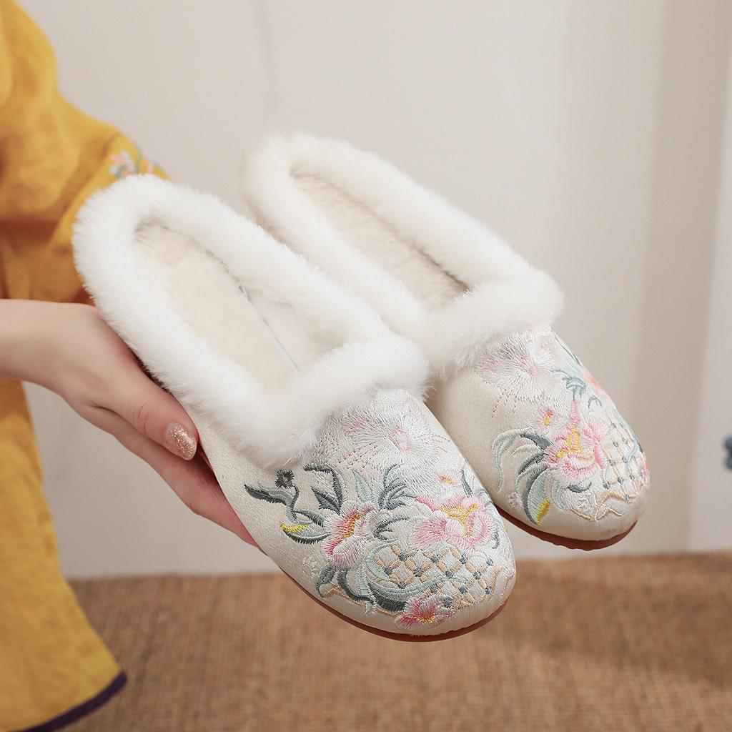 [Meow] 2025 Winter Fleece Old Beijing Cotton Women's Slippers Ethnic Style Embroidery Home Slippers Women
