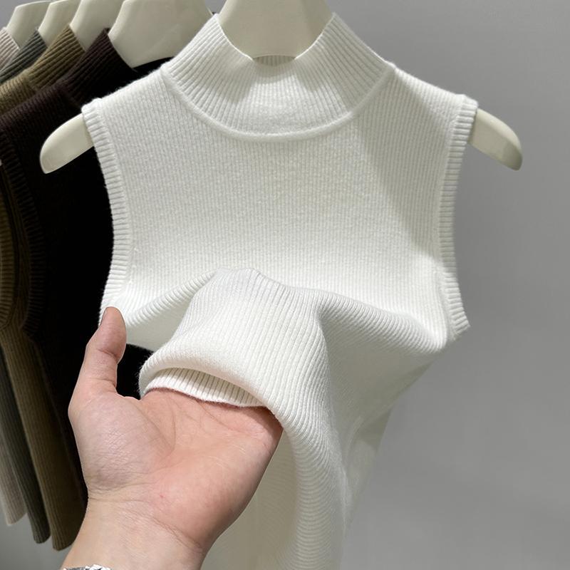 Turtleneck Sleeveless Sweater Slim Fit Pullover Vest Women's Autumn Ribbed Knitted Base Layer Sleeveless Top
