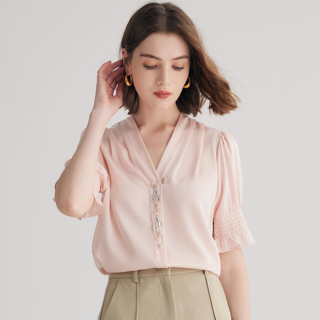 Heavy 19 Mu Mulberry Silk] Spring/Summer V-neck Beaded Design Short Sleeve Top Shirt for Women