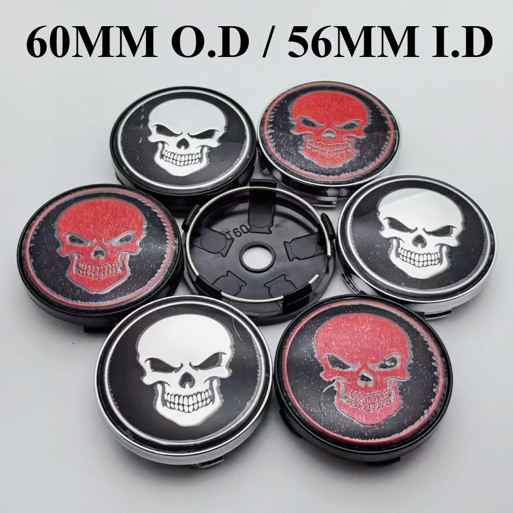 4pcs 60MM ( 56MM I.D) Skull Logo Emblem Car Wheel Center Caps Styling Accessories for Wheels Hub Rim Hubcaps Cover Badge Replace