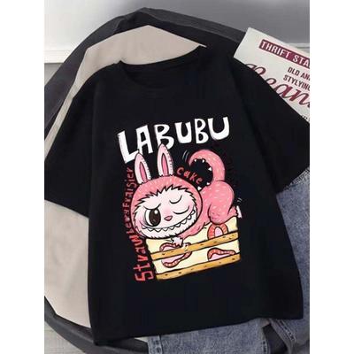 Мультяшная детская футболка с коротким рукавом Labubu, повседневный топ, унисекс, летний, с круглым вырезом, с принтом, одежда для девочек