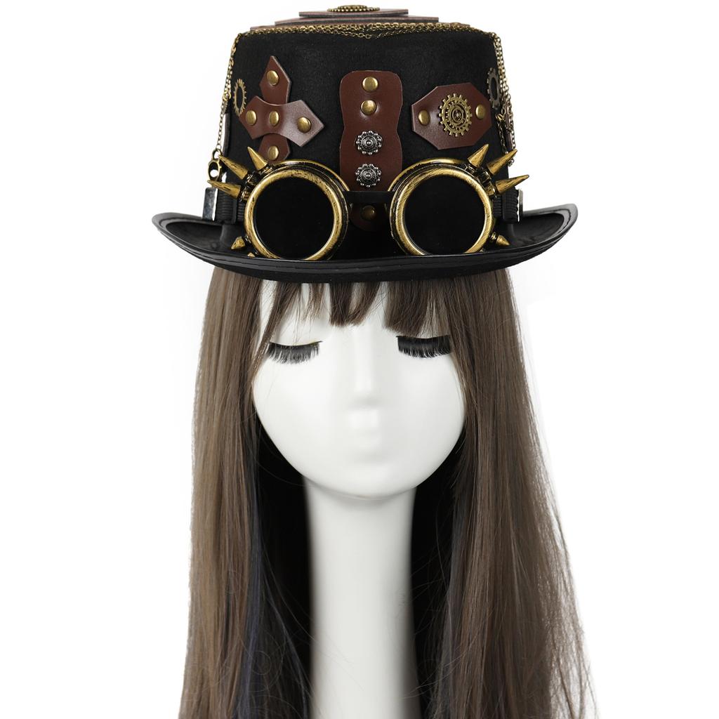 Стимпанк Цилиндр Заклепки Ремень Шляпа Готические Очки Винтаж Тяжелая Промышленность Шляпа Головной Убор