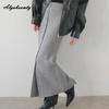 2025 Korean Style Spring Autumn Women Midi Skirt High Waist Black Gray Knitting Skirt Feminine Buttons Split Knitted Skirts Womens
