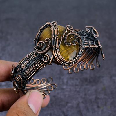 Браслет-манжета из натурального тигрового глаза ручной работы из медной проволоки, регулируемый m0s82