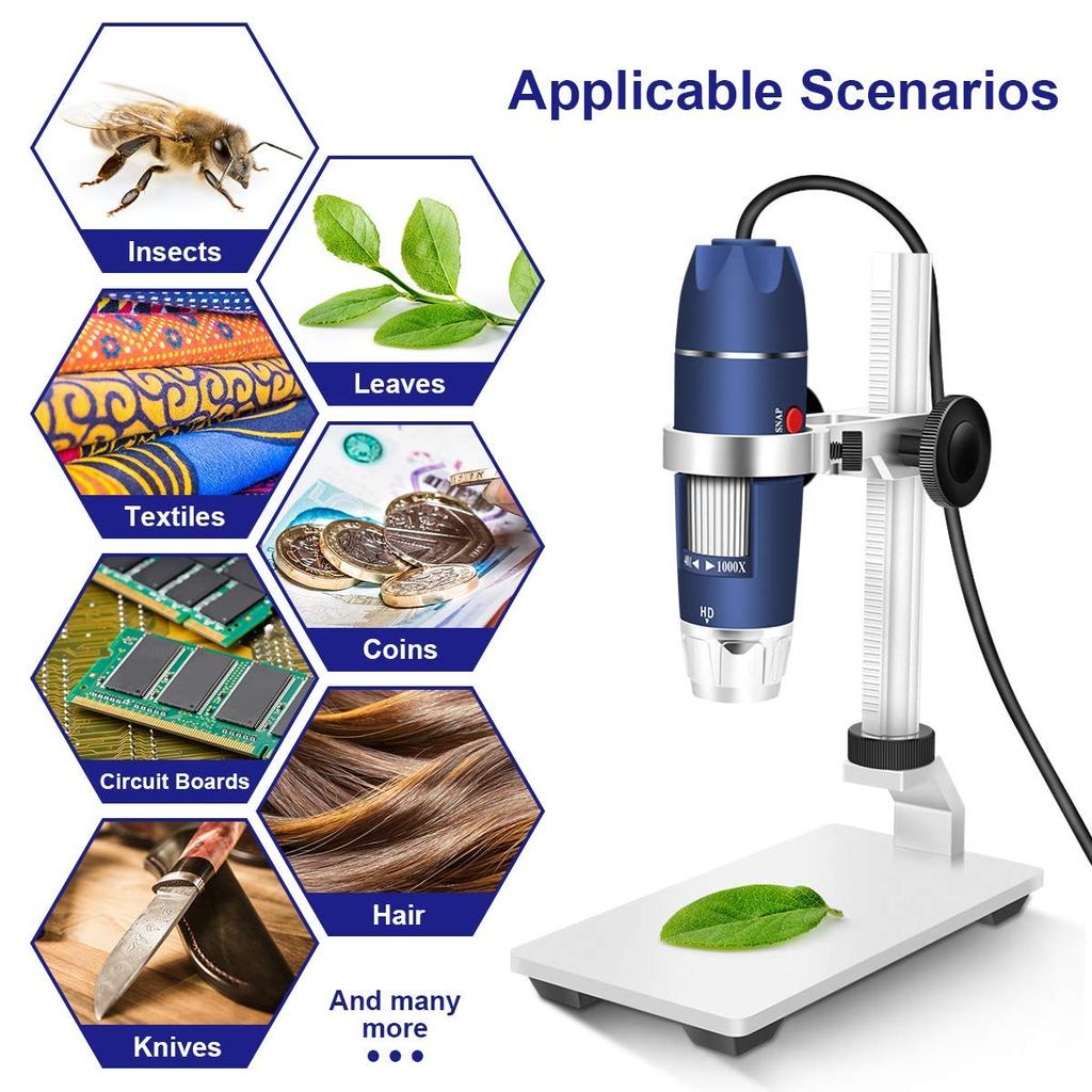 Jiusion HD 2MP USB Цифровой микроскоп, Увеличение от 40x до 1000x, Портативная эндоскопическая камера-увеличитель с 8 светодиодами, Стабильная подставка из алюминиевого сплава, OTG,