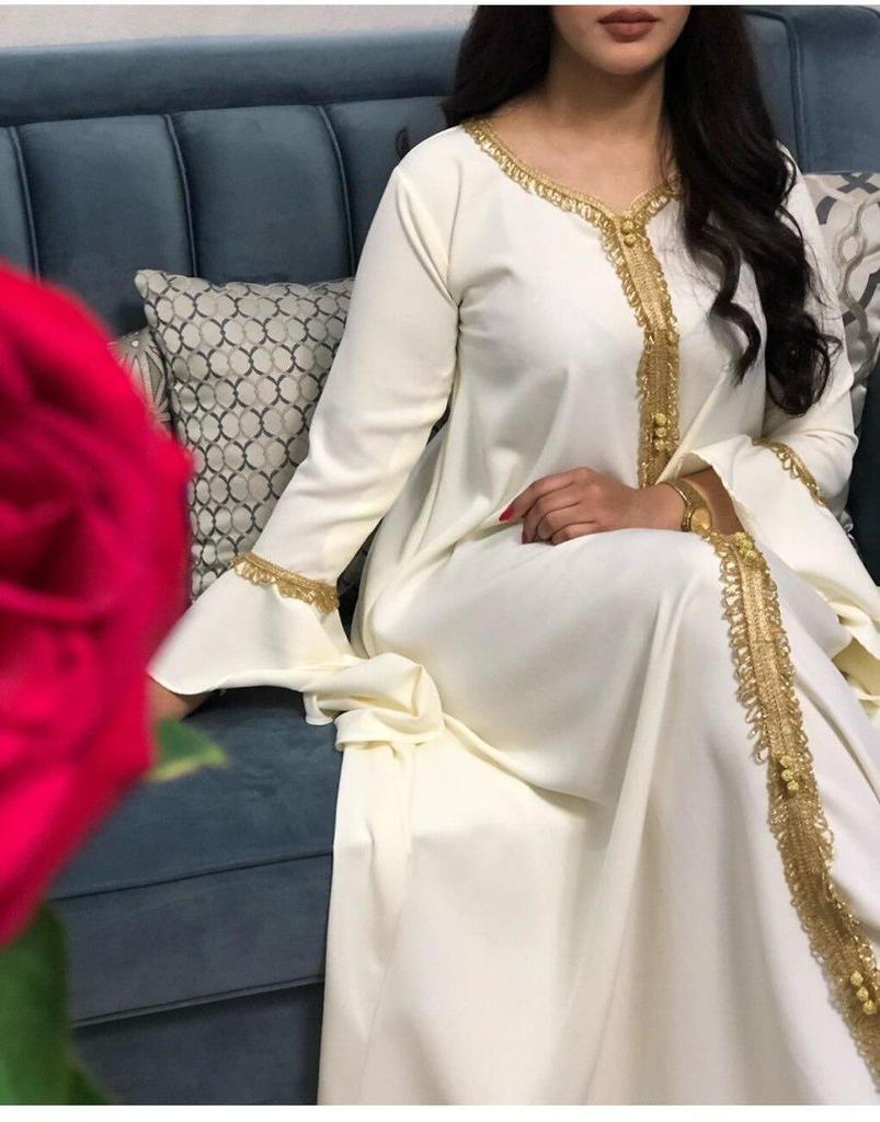 Мусульманская одежда Малайское платье с рукавами в виде листьев лотоса, вышитое золотым кружевом для женщин