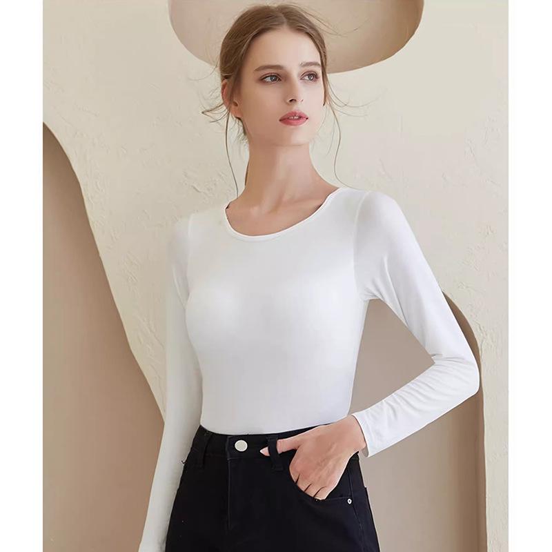Модальная женская базовая рубашка с длинным рукавом и нагрудными вкладышами, без косточек, с интегрированной чашкой, осенне-зимняя верхняя одежда и одежда для сна