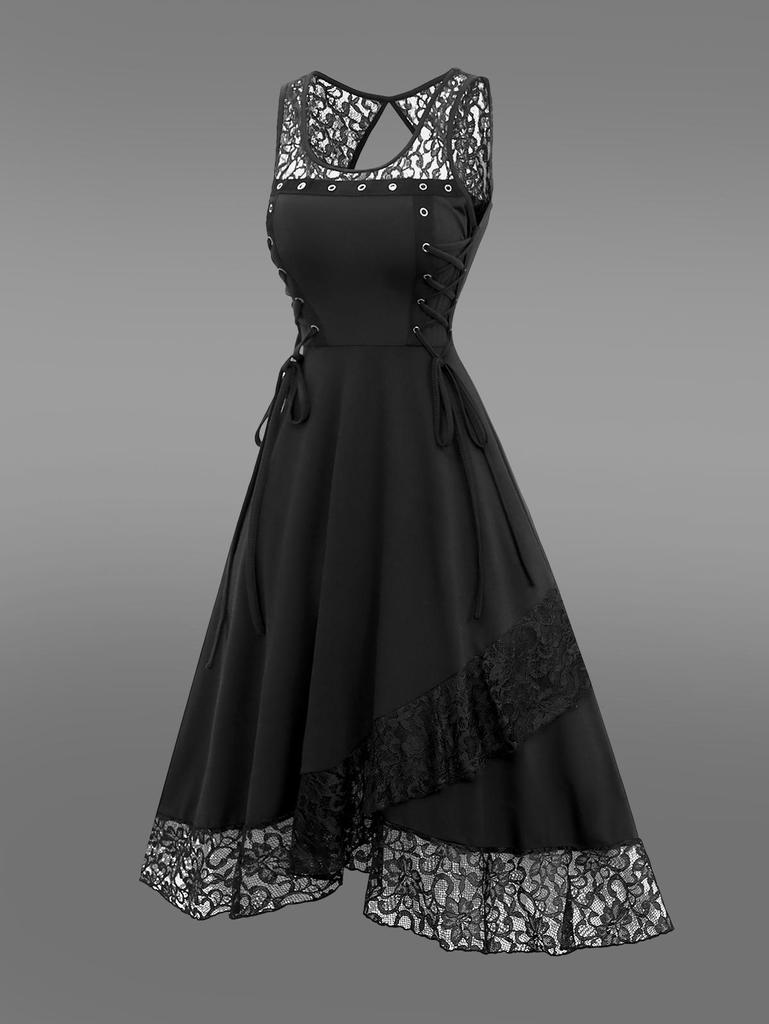 Rosegal Готическое кружевное платье с цветочным принтом в стиле пэчворк на шнуровке с вырезами на спине и оборками на спине Платье трапециевидной формы