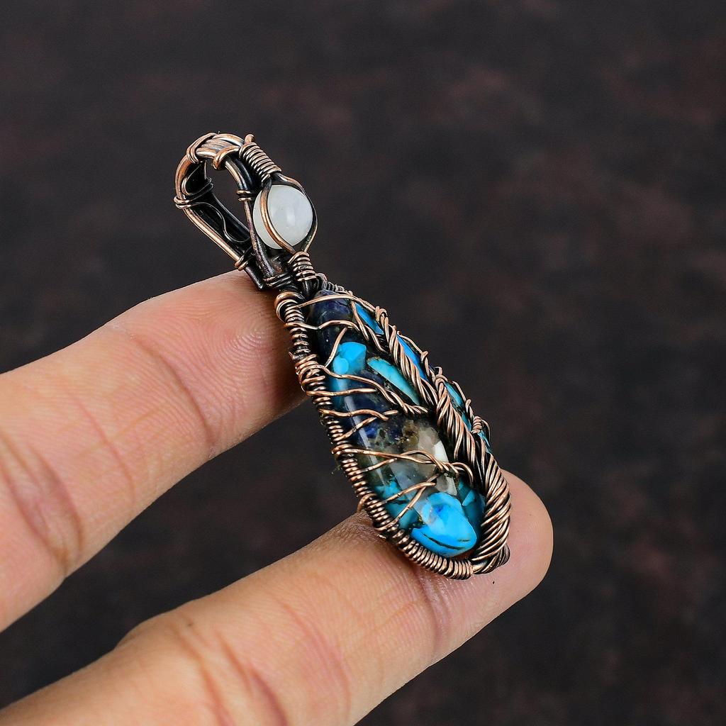 Древо Жизни Медный Синий Бирюзовый Кулон Медная Проволока Обернутый Лунный Камень Кулон Ручной Работы Женские Ювелирные Изделия Драгоценный Камень Медь Ювелирные Изделия Подарок Для Нее