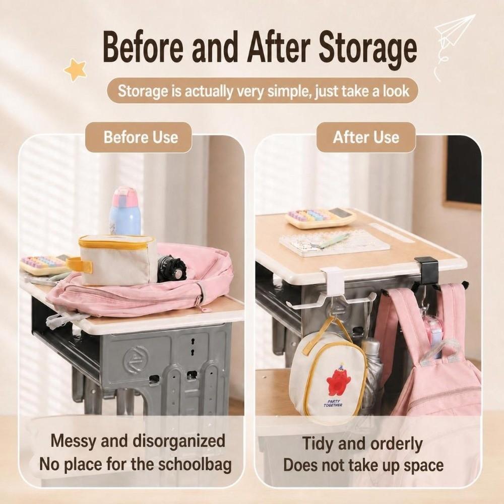 1Pc No Drill Desk Side Hanger Dual Hook Backpack Hanger Portable Desk Side Bag Hook Classroom
