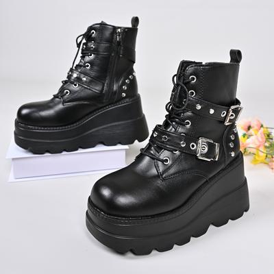 Новый Дизайн Женские Панк Готические Мотоциклетные Ботинки Платформа Массивный Высокий Каблук Ботильоны Дамские Крутые На танкетке Черные Женские Туфли
