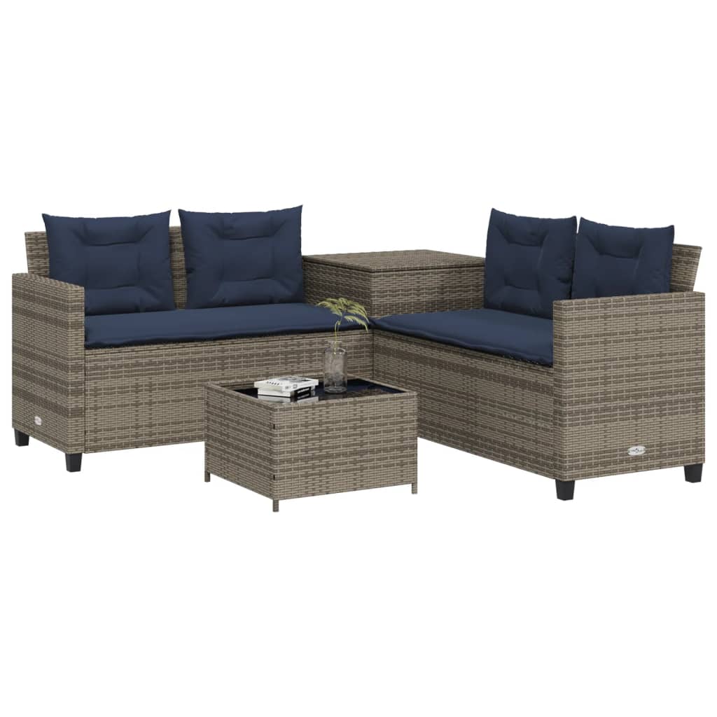L shaped garden sofa with table and cushions grey polyrattan