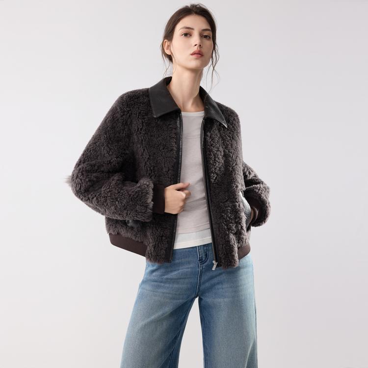 ELLE Женская куртка EF53015, модный дизайн в французском стиле, сшитая из разных материалов, повседневная, свободная, универсальная, с длинным рукавом, на молнии, с плюшевым воротником
