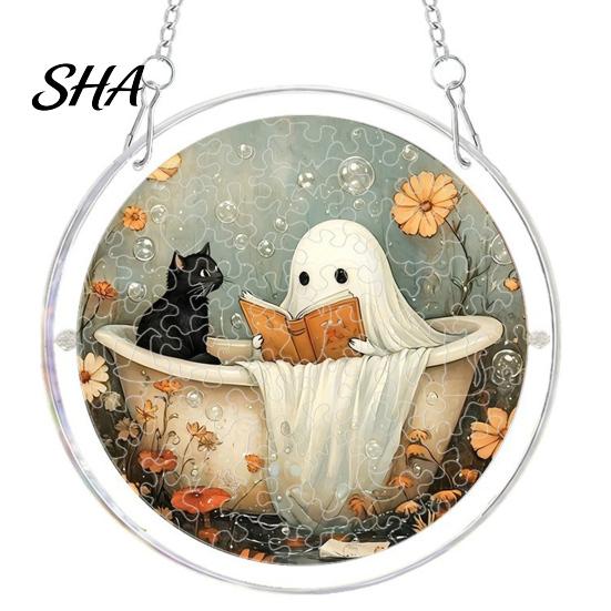 Transparent Halloween Wall Decor Acrylic Suncatcher Jigsaw Puzzle Set, Spooky Ghost Floral Meadow Window Hanging Ornament with Metal Cheerful Frame &