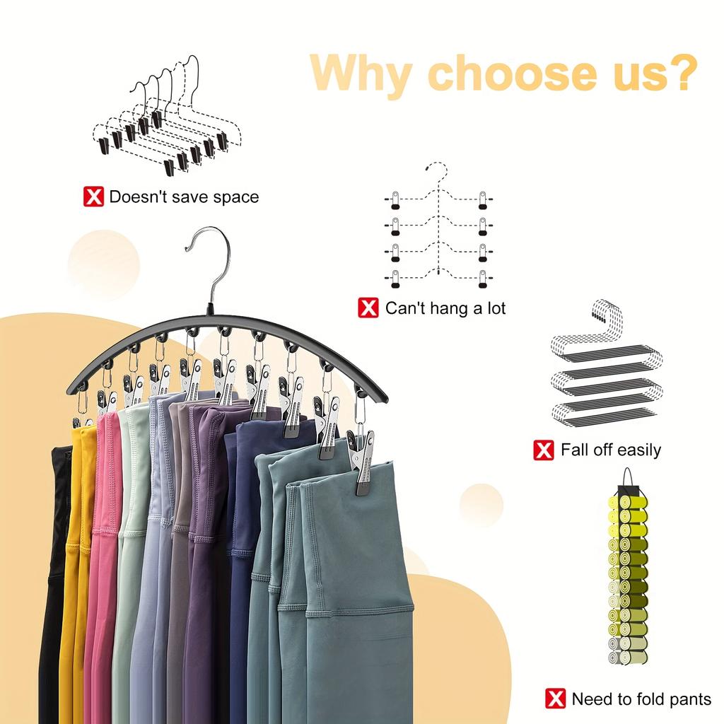 1pc Curved Shape Hanger, Metal Yoga Pants Hangers, Pants Hanger With 10 Clothespins, Space Saving Hanging Hangers, Closet Organizer W/Rubber Coated,