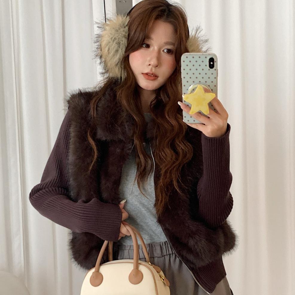Winter new young environmentally friendly fluffy jacket women's lapel short small knitted sleeve vest removable