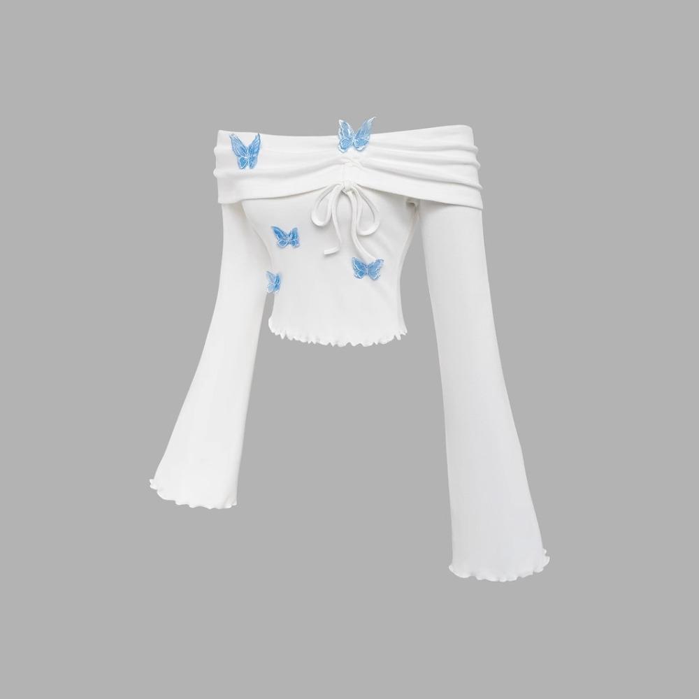 Летняя женская белая футболка с открытыми плечами и расклешенными рукавами, симпатичный женский топ с длинными рукавами и синей бабочкой