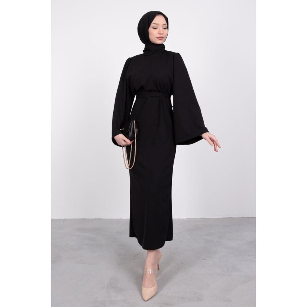 Платье-хиджаб с воланами и поясом, черное