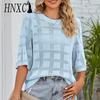 Women's Fashion Casual Summer Solid Color Print 3/4 Sleeves O-Neck Blouses & Shirts