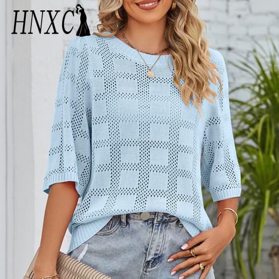 HNXC Женские модные повседневные летние однотонные блузки и рубашки с круглым вырезом и рукавами 3/4 с принтом