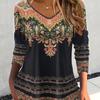 Футболка с цветочным принтом больших размеров, топ с длинным рукавом и V-образным вырезом в этническом стиле для весны и осени, женская одежда больших размеров