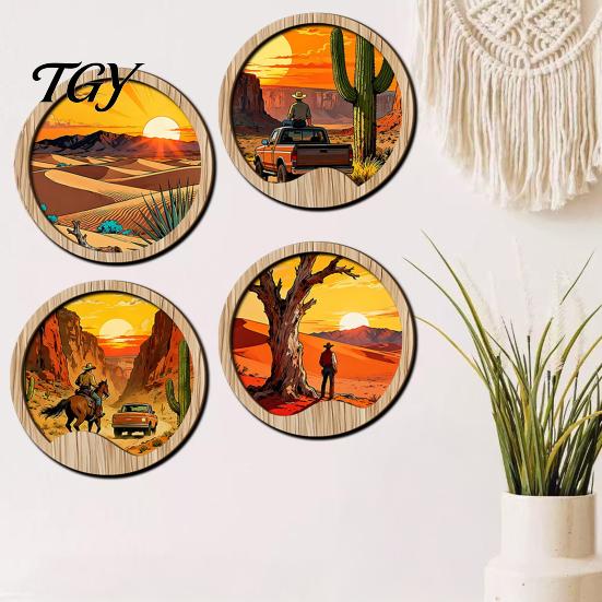 Rustic Wood Wall Sculptures Forest Sunset Scenery 2D Hanging, Boho Wooden Art Sign, Neutral Tone Ornaments Nature Tree Decor for Bedroom Living