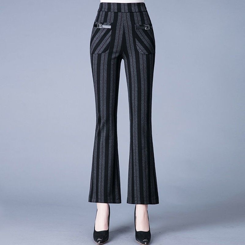 Винтажные осенне-зимние расклешенные брюки Новые женские карманные полосатые клетчатые эластичные с высокой талией Модные универсальные брюки