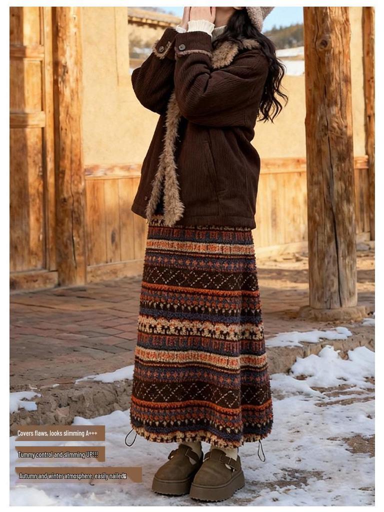 Двусторонняя юбка-фонарик с высокой талией из флиса в стиле Fair Isle для женщин, Осенне-зимняя коллекция