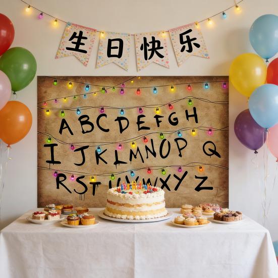 Рустикальный Алфавитный Фон Ретро Цветной Гирляндный Свет Алфавитный Фон Тема Вверх Ногами Фотореквизит для Хэллоуина Принадлежности для Вечеринки по Случаю Дня Рождения