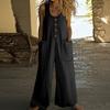 Women's Fashion Casual Button-down Sleeveless Jumpsuit Solid Color Cotton Pocket Jumpsuit
