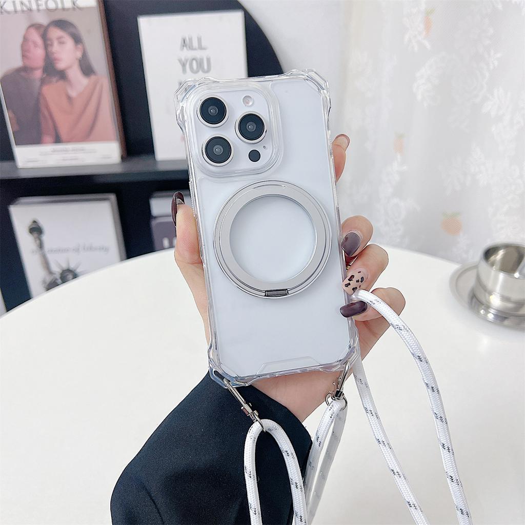 For iPhone 15 Pro Magnetic Case Ring Kickstand TPU+PC Phone Cover with Lanyard